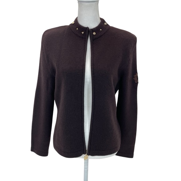 St. John Cashmere Fur Trimmed Sweater Small Brown - Picture 3 of 16